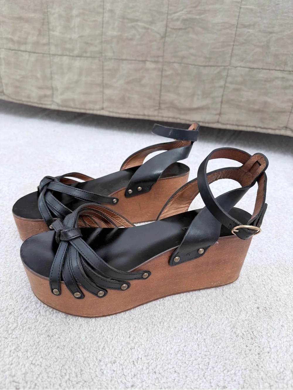 Black Leather Knotted Strap Wedge Sandals